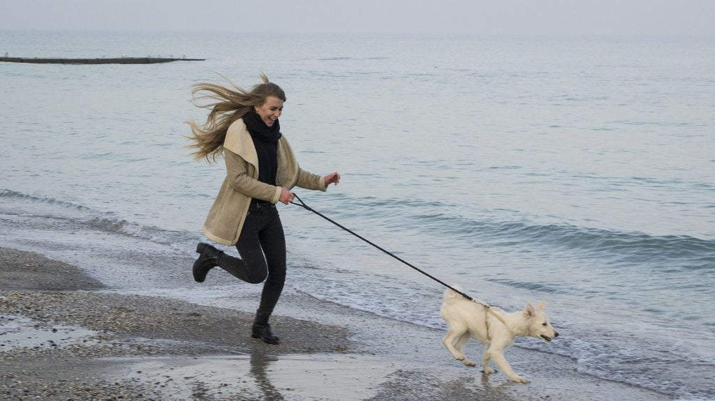 Woman running along beach with dog